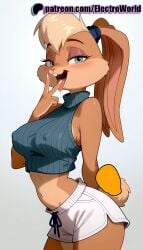 1girls 2025 ai_generated artist_name average_breasts bare_shoulders blush breasts bust chest covered_nipples crop_top electroworld female furry furry_female gradient gradient_background hi_res high_quality high_resolution highres licking lola_bunny long_hair looney_tunes medium_breasts midriff navel normal_breasts patreon patreon_username ribbed_sweater sleeveless solo space_jam stable_diffusion sweater tail tongue tongue_out turtleneck watermark