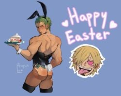 2boys artist_name ass bara blonde_hair blush bunny_costume cake easter english_text facial_hair gay green_hair heart_eyes holding_object levi_priapus male male_focus male_only muscular muscular_arms muscular_male one_piece roronoa_zoro sanji simple_background text tongue yaoi