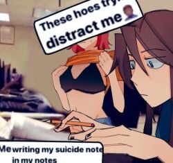 ari_(class_of_'09) bra class_of_'09 depression meme nicole_(class_of_'09) orange_shirt red_hair sweating these_hoes_tryna_distract_me_(meme) yuri