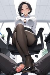 1girls ai_generated black_bra black_hair black_pantyhose blush button_gap cleavage crossed_legs dominant earrings femdom foot_fetish foot_focus footjob heeljob heels high_heels looking_at_viewer looking_down office office_chair office_clothing office_lady original_character pantyhose pencil_skirt pov precum seductive_look seductive_smile short_hair sitting teasing white_blouse