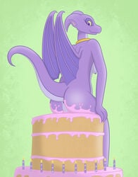 anthro anus ass breasts cake candle dessert dragon female food genitals hi_res looking_at_viewer membrane_(anatomy) membranous_wings purple_body pussy reversal_of_the_heart scalie sharkinwaves simple_background smile solo wings