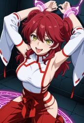 ai_generated arms_tied brainwashed breasts captured_villainess corrupted female freckles freckles_on_face ginger ginger_female gundam_00 hypnosis large_breasts miko_outfit mind_break mind_control nena_trinity pale-skinned_female pale_skin red_hair side_boob sideboob tied_up twintails yellow_eyes