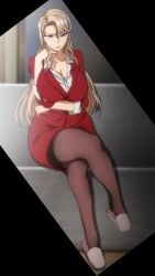 blonde_hair blue_eyes breasts cleavage clothing edit edited kurashiki_reika large_breasts long_hair milf saimin_seishidou screencap sitting stitched t-rex_(animation_studio) t-rex_(company) thighs third-party_edit wide_hips