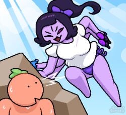 1boy 1boy1girl 1girl 1girls anthro bikini bikini_bottom black_hair black_sclera bow discovered female female_focus green_hair happy hiding male muffet okami_tomato pink_eyes purple_bikini purple_body purple_skin red_body red_skin shirt spider spider_girl spider_humanoid sunbeam surprise surprised surprised_expression surprised_face tomato_(okami_tomato) undertale undertale_(series) water_balloon water_gun watermark wet wet_body wet_skin white_shirt
