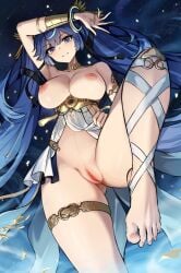 ancient_greek_clothes arm_up armlet barefoot black_skirt blue_eyes blue_hair breasts clothing_aside commentary_request feet female foot_out_of_frame from_below greco-roman_clothes hair_belt head_wreath highres iuno_(wuthering_waves) jewelry large_breasts leg_wrap long_hair looking_at_viewer looking_down miniskirt niliu_chahui nipples nude parted_lips pussy showgirl_skirt skirt smile solo thighlet thighs toenails toes uncensored unfinished very_long_hair wuthering_waves