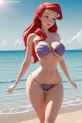 1girl ai_generated ariel_(the_little_mermaid) artist_name bare_shoulders beach big_breasts bikini blue_eyes blue_sky breasts cleavage day disney disney_princess hi_res high_quality high_resolution horizon human large_breasts long_hair looking_at_viewer navel ocean outdoors patreon purple_bikini red_hair seductive sexy signature sky smile solo spicytoonai standing strapless strapless_bikini swimsuit the_little_mermaid_(1989_film) thigh_gap uncensored water watermark