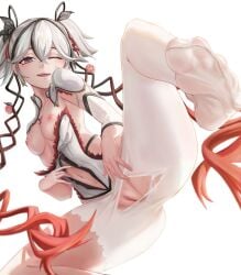 \\\\||/ asymmetrical_clothes black_eyes black_flower blake_bloom_(wuthering_waves) breasts breasts_out camellya_(wuthering_waves) collar collarbone double_\\\\||/ dress feet female flower foot_out_of_frame hair_between_eyes hair_flower hair_ornament hair_vines highres image_sample leggings looking_at_viewer medium_breasts mikasciii navel no_shoes one_eye_closed open_mouth pantyhose pasties picarto_sample pink_flower pussy red_pupils short_hair simple_background single_leg_pantyhose smile soles solo spread_toes stomach teeth toes torn_clothes torn_pantyhose uncensored upper_teeth_only white_background white_collar white_dress white_hair white_pantyhose wuthering_waves