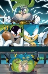 1boy 1girls anthro anthro_on_anthro anthro_penetrated anthro_penetrating_anthro balls big_breasts black_crop_top blue_fur blush breast_grab breasts cleavage clothing crop_top cum cum_in_pussy dialogue duo ear_piercing ejaculation electricity enormous_breasts female fur furry furry_female furry_male furry_only genitals gloves green_fur heart hedgehog huge_breasts interspecies large_breasts male male/female mammal mating_press open_mouth penis_in_pussy sega sevonteroo sex shoes smiling sonic_(series) sonic_the_hedgehog sonic_the_hedgehog_(series) straight straight_sex surge_the_tenrec tail tenrec text white_gloves