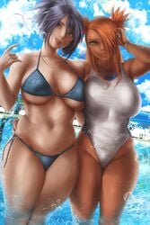 2girls akimichi_chouchou bare_shoulders big_breasts bikini boruto:_naruto_next_generations brown_eyes cameltoe chubby_female dark-skinned_female female female_only hair_over_one_eye human light-skinned_female mature_female midriff mitarashi_anko multiple_girls naruto naruto_(series) naruto_shippuden older_female one-piece_swimsuit orange_hair orca.huang outdoors partially_submerged ponytail pool purple_hair side-tie_bikini swimsuit tied_hair twintails water wet_body wide_hips younger_female