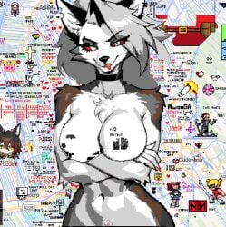 1female 1futa abs anthro arms_crossed breast_press breast_squeeze breasts breasts_out choker cock cum_in_mouth demon_girl ear ear_piercing female female_anthro fluffy fur furry furry_only futanari goth_futa goth_girl hellhound helluva_boss knot knot_in_sheath knotted_penis loona_(helluva_boss) navel no_nipples nsfw pixel_art red_eyes red_rocket seductive small_penis tiny_penis tongue_out two_tone_body two_tone_fur white_fur white_hair wolf wolf_ears wolf_girl wplace wplace_(artwork)