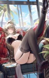 arm_up armpits ass azur_lane black_bra black_footwear black_panties black_thighhighs blue_sky blush bra breasts brown_eyes brown_hair cg cleavage closed_mouth cloud day feet female garter_straps high_heels indoors jacket large_breasts leg_up legs lion_(azur_lane) long_hair long_sleeves looking_at_viewer mole no_shoes open_clothes open_jacket palm_tree panties ponytail red_jacket sitting sky smile soles solo thighhighs thighs toes tree underwear very_long_hair wet yellow_eyes