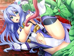 1boy armpits blue_eyes blue_hair blush breasts breasts_out brick_floor cameltoe chest_jewel clenched_hand colored_skin crack elbow_gloves exs-tia exs-tia_(exs-tia_3) female game_cg gloves green_skin hair_ornament headgear imminent_rape inoino interspecies katsuragi_marina kouyoku_senki_exs-tia large_breasts large_variant_set leg_grab leg_lift leg_up leotard licking licking_armpit licking_nipple long_hair long_tongue lying magical_girl monster navel nipple_stimulation nipples non-web_source official_art on_side open_mouth rape red_background saliva shiny_skin skirt slime_(substance) solo_focus spread_legs straight thighhighs tongue torn_clothes torn_leotard torn_skirt variant_set white_gloves