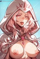 1girls ai_generated big_breasts exposed_breasts female female_only human long_hair manhwa nipples no_visible_genitalia pick_me_up pink_eyes pink_hair robe solo tongue tongue_out webtoon yurneth