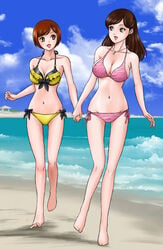 2girls alluring beach big_breasts bikini brown_eyes brown_hair females_only hayami_umika iwa kaitou_sentai_lupinranger_vs._keisatsu_sentai_patranger long_hair myoujin_tsukasa ocean short_hair super_sentai voluptuous