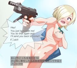 absurdres aiming bag blonde_hair blue_eyes blush breasts chokkakudo commentary_request covering_breasts covering_privates embarrassed english_text female green_ribbons gun hair_over_one_eye highres holding holding_gun holding_weapon linea_alba love_live! love_live!_nijigasaki_high_school_idol_club medium_breasts medium_hair mia_taylor navel neck_ribbon nude ribbon ribs school_bag solo speech_bubble subtitled tearing_up weapon