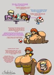 2girls between_breasts blonde_hair breast_vore brown_hair chabble clothing_entrapment comic drunk english_text expansion giant_ass giant_breasts huge_ass huge_breasts in_cleavage mario_(series) multiple_girls mushroom pink_dress princess_daisy princess_peach safe_vore slurred_speech super_mario_bros. super_mushroom tan_body text toad_(mario) trapped_between_breasts vore wine wine_bottle wine_glass xray_view yellow_dress