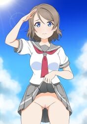 absurdres ass_visible_through_thighs blue_eyes breasts clothes_lift commission facing_viewer female frown grey_skirt highres lifting_own_clothes light_brown_hair love_live! love_live!_sunshine!! medium_breasts medium_hair neckerchief pussy red_neckerchief salute school_uniform serafuku shirt skeb_commission skirt skirt_lift sky tearing_up usazirou539 watanabe_you white_shirt