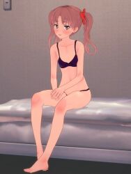 1girls 3d bare_arms bare_legs bare_midriff bare_shoulders bare_thighs barefoot bed blush feet female female_focus female_only hair hair_ribbon half-dressed half_naked koikatsu light-skinned_female light_skin lingerie nsfwscout partially_clothed pink_skin shirai_kuroko sitting to_aru_kagaku_no_railgun to_aru_majutsu_no_index twintails underwear