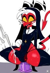 <3_eyes absurd_res ahe_gao ai_generated anal anal_masturbation anal_orgasm anal_sex anthro big_dildo bodily_fluids bulge clothed clothing crossdressing cum cum_while_penetrated cumshot demon dildo dildo_in_ass dildo_insertion dildo_sitting ejaculation erection_under_clothing femboy gay gay_anal genital_fluids genitals girly hands-free heart hellsonger helluva_boss hi_res horn jewelry legwear looking_pleasured lube male masturbation moxxie_(helluva_boss) necklace nun open_mouth orgasm penetration penis red_body red_skin sex_toy sex_toy_in_ass sex_toy_insertion simple_background solo stomach_bulge sweat thick_thighs tongue tongue_out toying_self underwear wet_clothing yellow_sclera