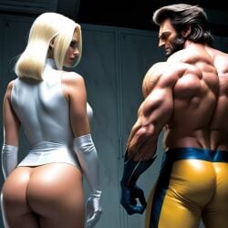 ai_generated ass ass_focus bare_butt blonde_female blonde_hair bottomless_female bubble_butt civitai dat_ass dingus565597 emma_frost female hairy_male hugh_jackman james_howlett logan_(x-men) male marvel marvel_comics no_panties opera_gloves platinum_blonde_hair topless_male white_queen wolverine_(x-men) x-men