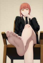 1girls 5_fingers 5_toes ai_generated bare_legs bare_thighs barefoot big_breasts big_feet bottomless bottomless_female braid breasts business_suit chainsaw_man chair clothing coat colored_nails crossed_legs female female_only fetish foot_fetish foot_focus foreshortening hand_on_chin jacket kxro long_hair long_toes makima_(chainsaw_man) necktie on_chair pale-skinned_female pale_skin partially_clothed ponytail pov presenting presenting_feet red_hair ringed_eyes shirt sitting_on_chair smile solo solo_focus submissive_pov suit tied_hair toenail_polish toes unusual_pupils yellow_eyes