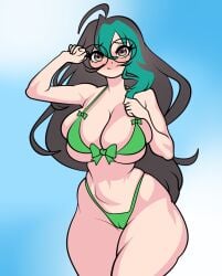 akane_ko big_breasts bikini black_hair glasses horny horny_female large_hair two_tone_hair