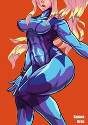 blonde_hair breasts clothed female female_only female_protagonist metroid nintendo samus_aran solo theoverloader zero_suit zero_suit_samus