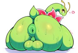 absurd_res ai_generated anthro anus ass backsack balls big_butt blush bodily_fluids butt_focus elemental_creature feral flora_fauna flower_(anatomy) generation_2_pokemon genitals green_body heart hellsonger hi_res huge_butt looking_at_viewer looking_back male meganium nintendo perineum plant pokemon pokemon_(species) presenting presenting_anus presenting_hindquarters rear_view red_eyes simple_background smile solo sweat sweaty_butt thick_thighs white_background