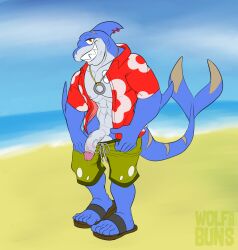 2022 abs aloha_shirt anthro beach blue_body bottomwear bronco_(machokefucker) clothed clothing digital_media_(artwork) feet fin fin_piercing fish footwear foreskin furgonomics furry-specific_piercing genitals grin grinning_at_viewer hi_res humanoid_genitalia humanoid_penis jewelry looking_at_viewer male marine muscular muscular_anthro muscular_calves muscular_male necklace nipples open_clothing open_mouth open_shirt open_topwear outside pattern_clothing pattern_shirt pattern_topwear pecs penis piercing pulling_pants_down sand sandals seaside shark shirt smile smiling_at_viewer solo swimming_trunks swimwear symbol_on_chest tail teeth topwear vein veiny_penis water wolfbuns