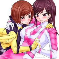 2girls abe_tsukumo alluring big_breasts blush bodysuit breasts brown_eyes brown_hair cape closed_mouth dress gloves hayami_umika kaitou_sentai_lupinranger_vs._keisatsu_sentai_patranger long_hair looking_at_viewer multiple_girls myoujin_tsukasa purple_eyes purple_hair short_hair smile super_sentai tokusatsu tsukumo_abe