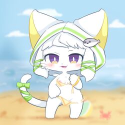 anthro beach breasts cat_busters clothing colanukl digital_media_(artwork) domestic_cat felid feline felis female game_(disambiguation) genitals innuendo mammal nipples pussy solo swimwear