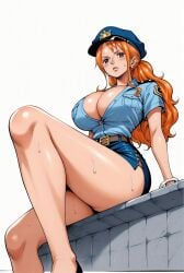 ai_generated alluring big_breasts blush breasts brown_eyes cleavage female female_only long_hair looking_at_viewer nami nami_(one_piece) one_piece open_mouth orange_hair police_hat police_officer police_uniform policewoman seducing seduction seductive seductive_body seductive_eyes seductive_gaze seductive_look seductive_mouth seductive_pose shiny_hair shiny_skin sitting skirt sweat sweatdrop sweating sweaty sweaty_body thick_thighs tongue_out voluptuous voluptuous_female yashin