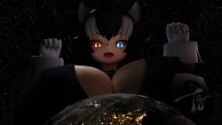 black_hair excited_female giantess giga_giantess goddess gray_wolf grey_wolf_(kemono_friends) kemono_friends kingklon looking_down looming macro_female macro_focus macrophilia planet planetary_macro wolf_ears wolf_girl