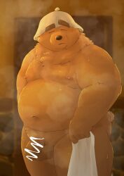 0ottotto0 2024 absurd_res anthro balls bear belly big_belly black_nose censored closed_eyes clothing genitals hat headgear headwear hi_res ineffective_censorship kemono male mammal moobs navel nipples overweight overweight_male penis solo steam towel