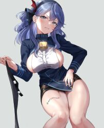 ako_(blue_archive) awnw bell black_skirt blue_archive blue_eyes blue_hair blue_jacket blush body_writing breasts commentary_request cowbell ear_piercing earrings female female_focus grey_background hairband highres holding jacket jewelry knees_together_feet_apart large_breasts long_hair looking_at_viewer miniskirt neck_bell piercing sideboob sideless_outfit sideless_shirt simple_background skirt solo thick_thighs thighs twitter_username