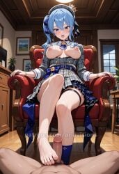 ai_generated ariavisions blue_eyes blue_hair breasts_out footjob hair_ribbon hololive hoshimachi_suisei long_hair official_alternate_costume precum side_ponytail sidelocks sitting_on_chair surprised