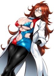 1girls android_21 areolae big_breasts blue_eyes bra breasts brown_hair dragon_ball dragon_ball_fighterz dragon_ball_super dragon_ball_z female gggg glasses huge_breasts large_breasts nipple_bulge nipples_visible_through_clothing solo solo_female torn_clothes torn_clothing