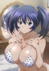 ai_generated bashoku_youjou bikini hands_over_breasts huge_breasts ikkitousen micro_bikini mirror mirror_reflection smiling standing