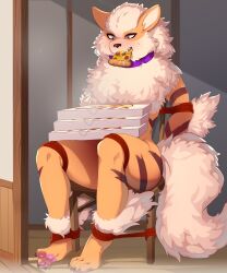 anthro arcanine bondage bondage bound chair collar collar_only drooling eating fluffy_chest fluffy_tail food inflation kuroran male male_only pizza pokemon pokemon_(species) solo stuffing