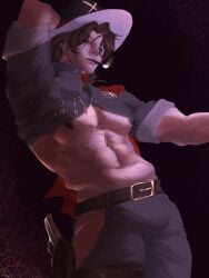 bara clothing gallagher_(honkai:_star_rail) hairy_chest honkai:_star_rail male male_nipples male_only manly mature_male muscular_male nipples ruuuu_roooo tight_clothing