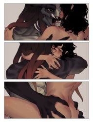absurd_res alien black_eyes black_hair border butt colored comic duo female female_human female_on_humanoid hair hand_on_another's_back hand_on_another's_butt hand_on_another's_shoulder hand_on_back hand_on_butt hand_on_shoulder hi_res hug hugging_another human human_on_humanoid humanoid interspecies leafjuly light_body light_skin male male/female male_humanoid male_on_human mammal mandibles muscular muscular_male nude nude_female nude_human nude_male predator_(franchise) pseudo_hair sex sharp_teeth teeth tentacle_hair tentacles wet wet_body white_border xenophilia yautja