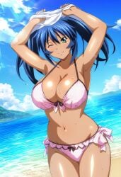 ai_generated bashoku_youjou beach big_breasts bikini ikkitousen ikkitousen_dragon_destiny ikkitousen_great_guardians one_eye_closed removing_shirt shirt_lift smiling