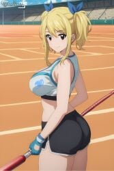 1girls ai_generated alternate_hairstyle ass bertox64 big_ass big_breasts blonde_hair brown_eyes busty fairy_tail fat_ass female female_only from_side hair_ribbon hi_res large_breasts legs looking_at_viewer looking_back lucy_heartfilia medium_hair midriff shorts sideboob smile solo sports_bra sportswear thick_thighs thighs twintails voluptuous