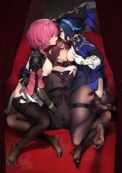 3girls absurdres after_kiss ass_grab beeeeen blue_hair breast_sucking brown_hair character_request clorinde_(genshin_impact) commission crossover female fff_threesome genshin_impact girls'_frontline group_sex hand_in_another's_shorts highres multicolored_hair multiple_girls pantyhose pink_hair pixiv_commission saliva saliva_trail short_shorts shorts streaked_hair taoqi_(wuthering_waves) thigh_strap threesome wa2000_(girls'_frontline) wuthering_waves yuri