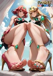 2girls ai_generated blonde_hair feet fevileai foot_fetish foot_focus from_below high_heels looking_down_at_viewer mythra open_toe_shoes painted_toenails pyra toes upskirt xenoblade_(series)