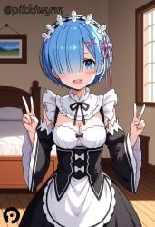 :d ai_generated apron bangs bed black_dress black_ribbon blue_eyes blue_hair blush breasts cleavage detached_sleeves double_v dress female frills hair_ornament hair_over_one_eye hair_ribbon hands_up indoors long_sleeves looking_at_viewer maid maid_headdress medium_breasts neck_ribbon open_mouth pikkiwynn pillow pink_ribbon re:zero_kara_hajimeru_isekai_seikatsu rem_(re:zero) ribbon roswaal_mansion_maid_uniform short_hair smile solo v waist_apron wide_sleeves window wooden_floor x_hair_ornament