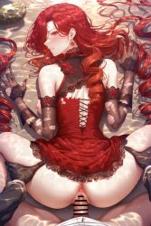 1boy 1girls ai_generated blush grabbing_legs i_became_the_wife_of_the_male_lead livia_priscilla_(i_became_the_wife_of_the_male_lead) manhwa rape red_corset red_earrings red_eyes red_hair scared_expression sex_from_behind spread_legs vaginal_penetration webtoon