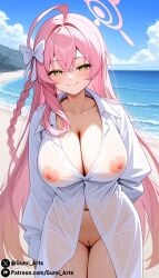 ai_generated beach blue_archive blush braid cleavage covered_nipples green_eyes gumi_arts hair_ornament halo hanako_(blue_archive) large_breasts long_hair looking_at_viewer naughty_face nipples ocean oversized_shirt pink_hair pussy sand see-through shirt single_braid smile stable_diffusion thick_thighs wet