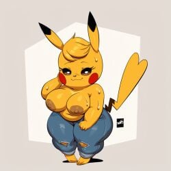 ai_generated anthro anthrofied areola big_breasts bodily_fluids bottomwear breasts cleft_tail clothed clothing denim denim_clothing female fur generation_1_pokemon hair hellsonger hi_res jeans kanna_(joaoppereiraus) looking_at_viewer mammal nintendo nipples pants pikachu pokemon pokemon_(species) pokemorph rodent short_stack simple_background smile solo sweat thick_thighs topless topless_female torn_bottomwear torn_clothing torn_jeans torn_pants wide_hips yellow_body yellow_fur