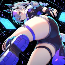 1girls ai_generated ass ass big_ass big_butt blush boots caked_up cameltoe dryai fat_ass female fingerless_gloves fishnets from_behind fur_trim hi_res highres hologram honkai:_star_rail hoyoverse huge_ass huge_butt jacket long_hair looking_at_viewer looking_back ponytail shades short_shorts silver_eyes silver_hair silver_wolf_(honkai:_star_rail) solo sunglasses_on_head thick_thighs thigh_strap thighs tight_shorts